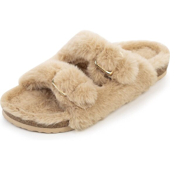 Women's Light Brown Cozy Lining Faux Rabbit Fur Cork Open Slipper Sandals Shoes - Picture 5 of 7